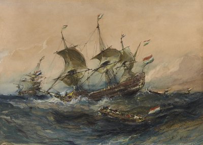 Nederlandse schepen in een storm door Eugene Isabey