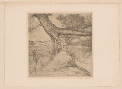 Zaaier en liggend figuur met gevouwen handen in een landschap door Eugène Joors (signed by artist)
