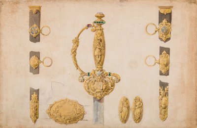 Ontwerp voor een zwaardgreep, schede en riemfittingen door Eugène Julienne.