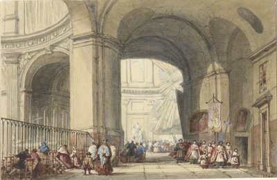Interieur van de S. Roche te Parijs, met een processie op de voorgrond door Eugène Louis Lami (possibly)