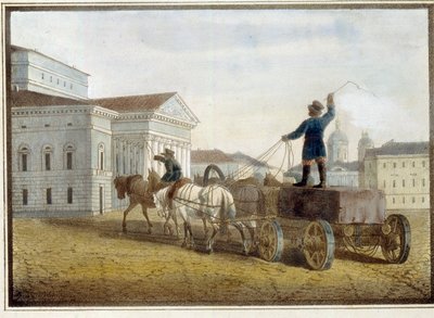 Transport van granietblokken op het Theaterplein in Sint-Petersburg. door Eugéne Pluchart
