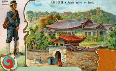 Een Koreaanse soldaat, het Koreaanse symbool van de Taegeuk en een beeld van het keizerlijk paleis in Seoul, 1904 door European School