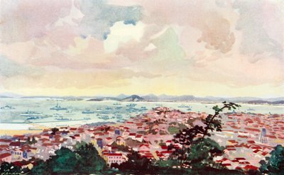Gezicht op Rio en de baai met de grote kademuur van Messrs Walker in aanbouw en het gebied dat nu is ingepolderd (kleurenlitho) door European School