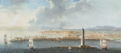 Uitzicht op een haven vanaf de zee, waarschijnlijk Livorno door European School