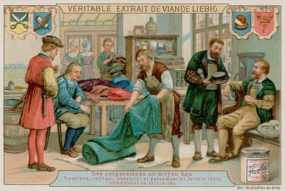 Een wever, kleermaker, hoedenmaker en vlechtmaker geven hun bestellingen aan een verver door European School