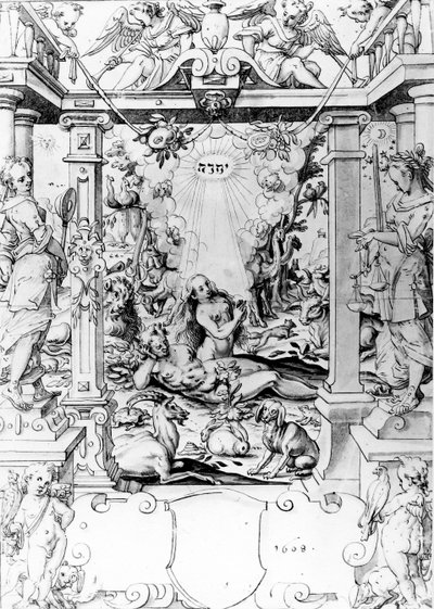 Adam en Eva, 1609 (pen en inkt) door European School