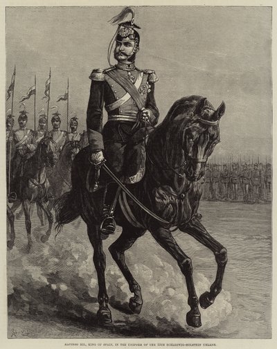Alfonso XII, koning van Spanje, in het uniform van de 15e Schleswig-Holstein Uhlans (gravure) door European School