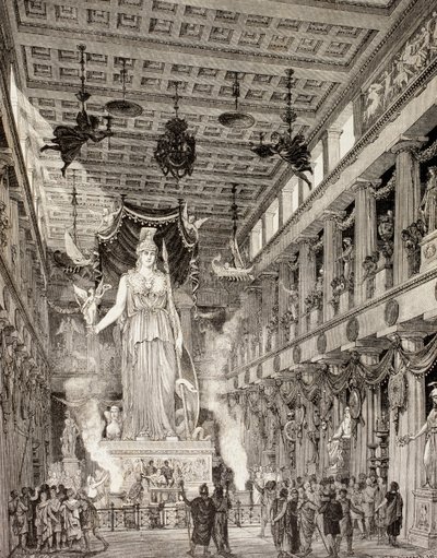 Artistieke impressie van het standbeeld van de godin Athena in het Parthenon, Athene, tijdens de Klassieke periode, uit 
