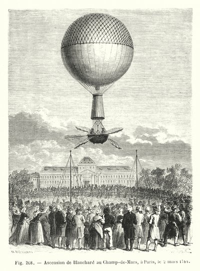 Opstijging van Blanchard op het Champ-de-Mars, in Parijs, op 2 maart 1784 door European School