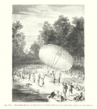 Ascensie van de hertog van Chartres en de gebroeders Robert, op 15 juli 1784, Vertrek vanuit Saint-Cloud (gravure) door European School