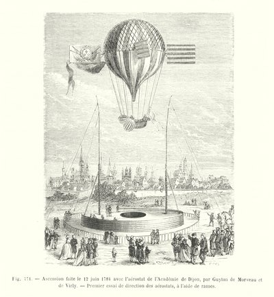 Ascensie op 12 juni 1784 met het luchtschip van de Academie van Dijon, door Guyton de Morveau en de Virly, eerste poging tot luchtschipbesturing met roeispanen door European School