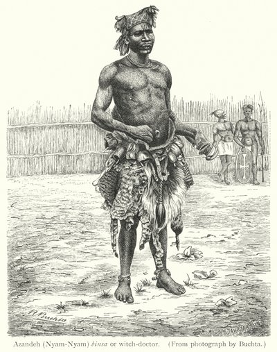 Azandeh (Nyam-Nyam) binsa of heksendokter (gravure) door European School