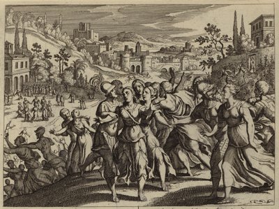 Benjaminieten ontvoeren de vrouwen van Silo om hun vrouwen te worden (gravure) door European School