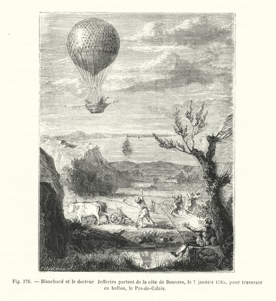 Blanchard en dokter Jefferies vertrekken van de kust van Dover, op 7 januari 1785, om het Kanaal over te steken in een ballon (gravure) door European School
