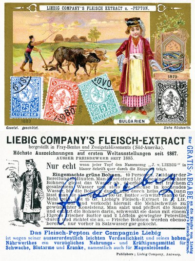 Bulgaarse postzegels, voor- en achterkant van een Liebig promotiekaart, 1897 door European School
