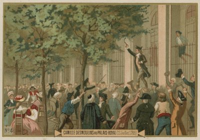 Camille Desmoulins roept op tot de wapens buiten het Palais Royal, Parijs, Franse Revolutie, 12 juli 1789 door European School