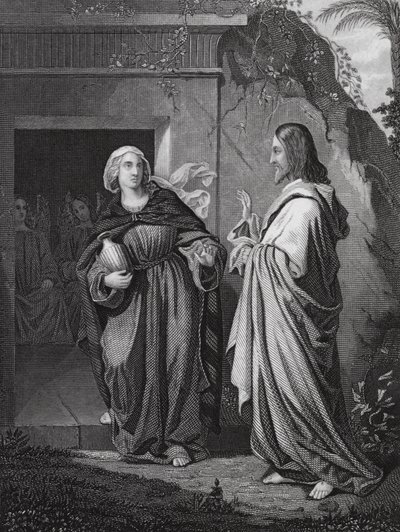 Christus verschijnt aan Maria, Johannes, Hoofdstuk 20, vers 14 (gravure) door European School