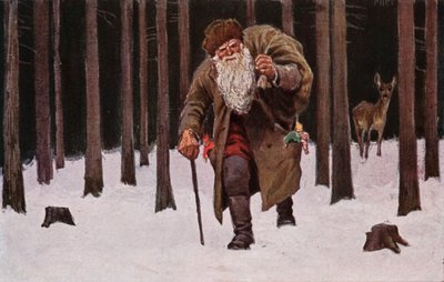 Kerstkaart, kerstman sjokkend door de sneeuw met zak cadeautjes, hert op achtergrond (kleurenlitho) door European School