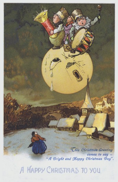Kerstwenskaart met een groep muzikanten op de maan boven een besneeuwde stad. (chromolitho) door European School