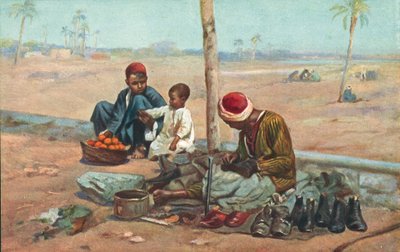 Schoenmaker en kinderen, Egypte (kleurenlitho) door European School
