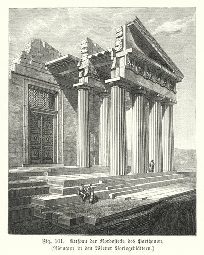 Bouw van de noordoostelijke hoek van het Parthenon, Athene, Oud Griekenland door European School