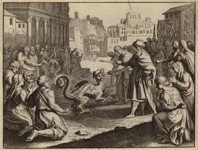 Daniel vernietigt het afgodsbeeld van Bel en de draak (gravure) door European School