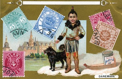 Deense en IJslandse postzegels met een Inuit-kind en zijn hond, 1897 door European School