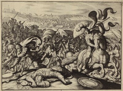 Nederlaag van de Israëlieten door de Filistijnen en de dood van Saul (gravure) door European School