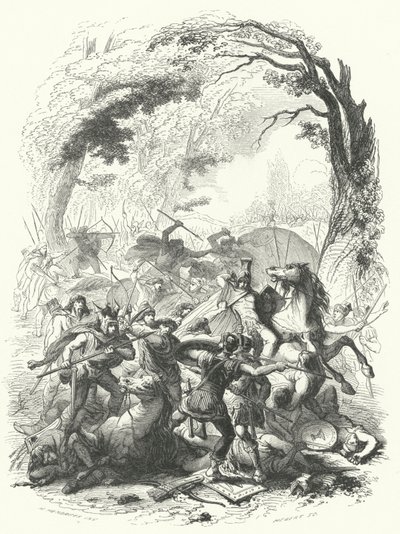 Nederlaag van het Romeinse leger onder Sabinus en Cotta door de Galliërs, 54 v.Chr. (gravure) door European School