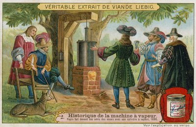 Denis Papin voert proeven uit met zijn zuigerstoommachine voor zijn vrienden, Marburg, Duitsland, 1690 door European School