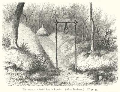 Ingang van een fetisjhut in Lunda (gravure) door European School