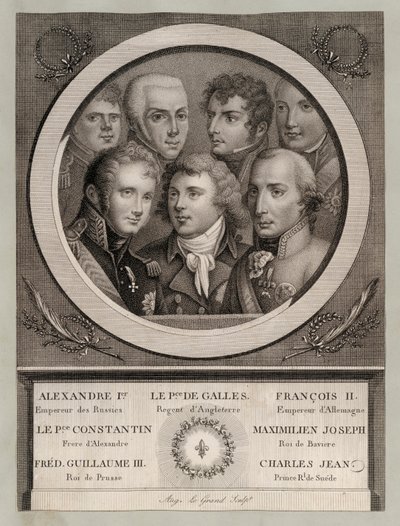 Europese royalty van het begin van de 19e eeuw: Tsaar Alexander I van Rusland; George, Prins van Wales, Regent van Koning George III; Frans II, Heilige Roomse Keizer; Groothertog Konstantin Pavlovich van Rusland; Maximiliaan Jozef, Koning van Beieren en Ke door European School
