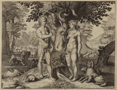 Eva verleid door de slang om de vrucht van de Boom der Kennis te eten (gravure) door European School