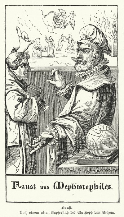 Faust en Mephistopheles (gravure) door European School
