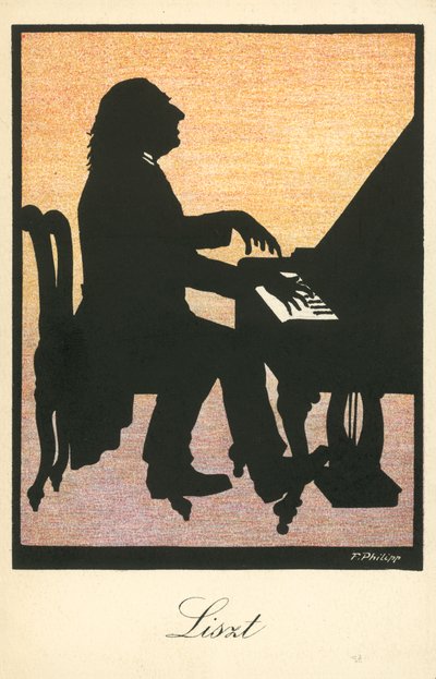 Franz Liszt, Hongaars pianist en componist (kleurenlitho) door European School