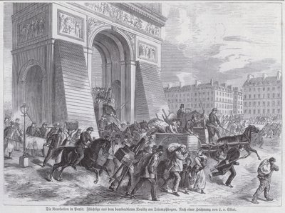 Vluchtelingen van het bombardement van het Franse leger op Neuilly passeren de Arc de Triomphe, Parijse Commune, april 1871 door European School