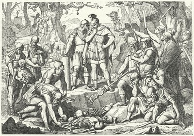 Germanicus begraaft de botten van soldaten van de drie Romeinse legioenen onder bevel van Publius Quinctilius Varus vernietigd door de Germanen in de Slag bij het Teutoburgerwoud in 9 v.Chr. door European School