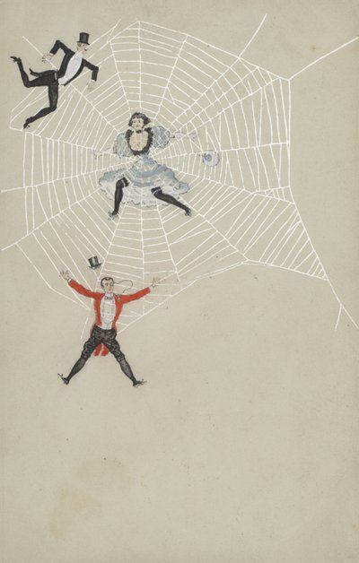 Meisje vangt mannen in een spinnenweb (kleurenlitho) door European School