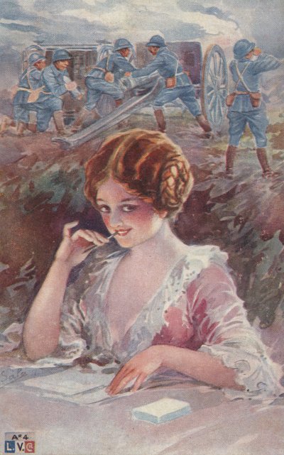 Meisje schrijft aan soldaat (kleurenlitho) door European School