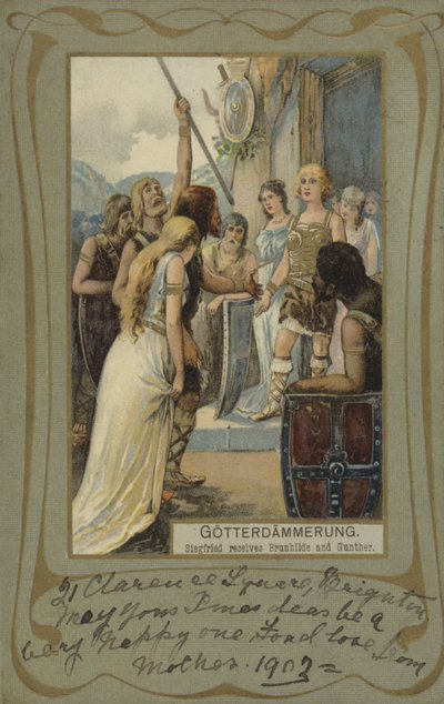 Gotterdammerung, Siegfried ontvangt Brunhilde en Gunther (kleurenlitho) door European School