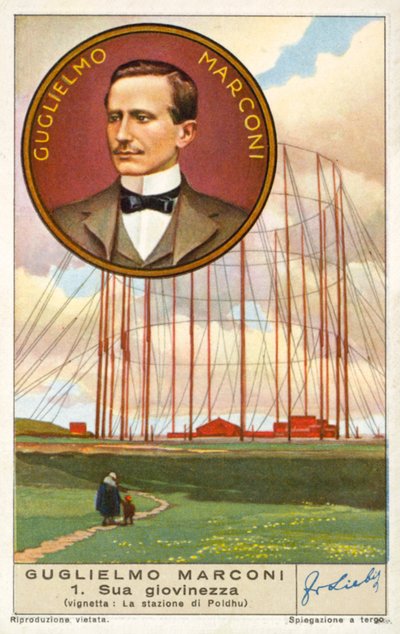 Guglielmo Marconi, Italiaanse uitvinder en radiopionier, en zijn radiostation in Poldhu, Cornwall (chromolitho) door European School