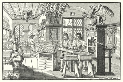 Interieur van een boekdrukkerij, ca. 1676 (gravure) door European School