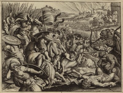 Israëlieten verslaan de Benjaminieten en verbranden hun stad (gravure) door European School