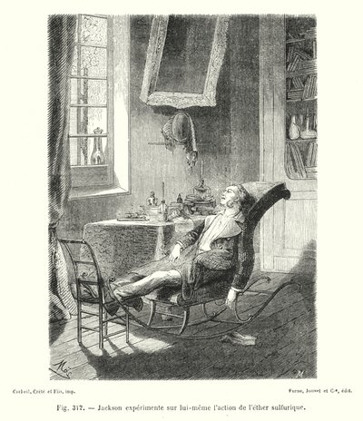 Jackson experimenteert op zichzelf met de werking van zwavelige ether (gravure) door European School