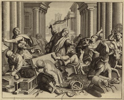 Jezus Christus verdrijft de geldwisselaars uit de tempel (gravure) door European School