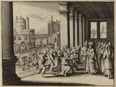 Jozef, als grootvizier van Egypte, beschuldigt zijn halfbroers van spionage (gravure) door European School