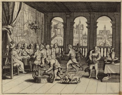 Jozef serveert een banket aan zijn broers in Egypte (gravure) door European School