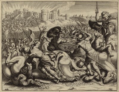 Jozua en de Israëlieten veroveren en verbranden de stad Ai (gravure) door European School