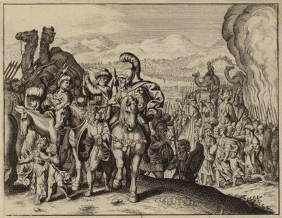 Jozua en de Israëlieten steken de rivier de Jordaan over en betreden Kanaän (gravure) door European School