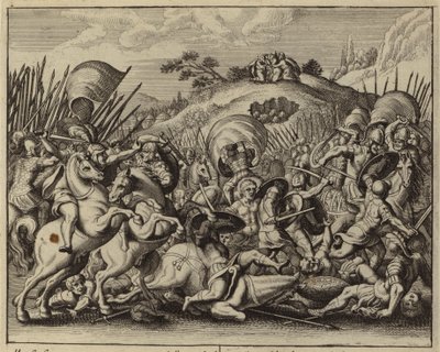 Jozua en de Israëlieten verslaan de Amalekieten terwijl Mozes op een bergtop bidt (gravure) door European School